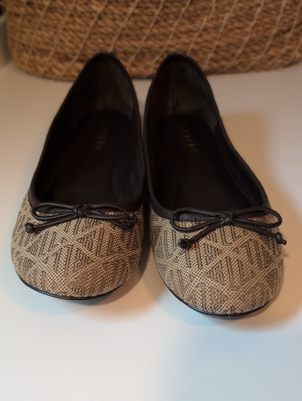 Lauren Ralph Lauren Tan Patterned Ballet Flats with Brown Leather Trim Size 9B